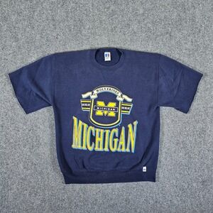 Vintage 90s Russell x Michigan Wolverine Graphic Cut Sleeve Sweatshirt Blue Sz L